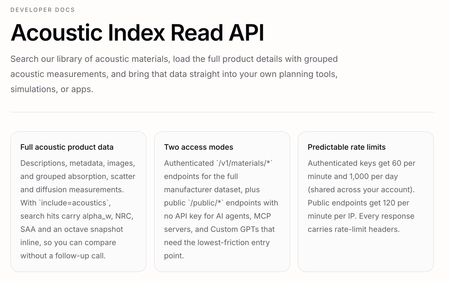 The read API documentation landing page with quickstart
